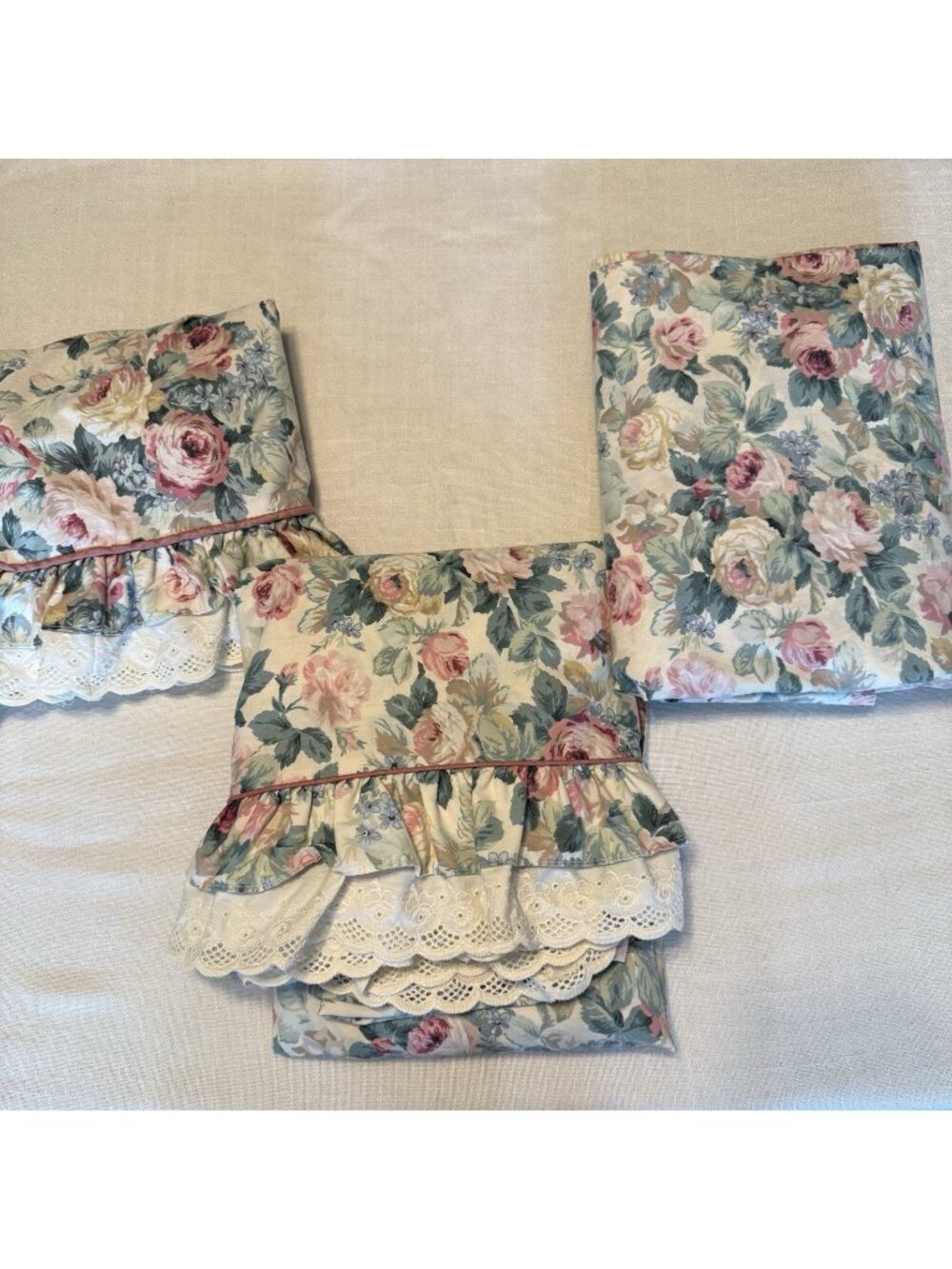 Vtg Floral Croscill 3 Piece Set - Twin Fitted Flat Pillow Sham Cover CottageCore